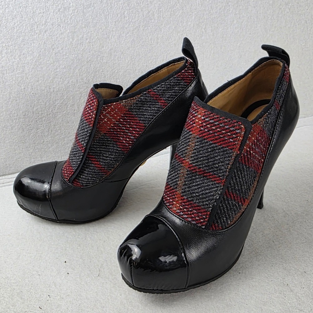LAMB Gwen Stefani Black Leather Plaid Patent Cap Toe Platform Booties Heels 6.5M